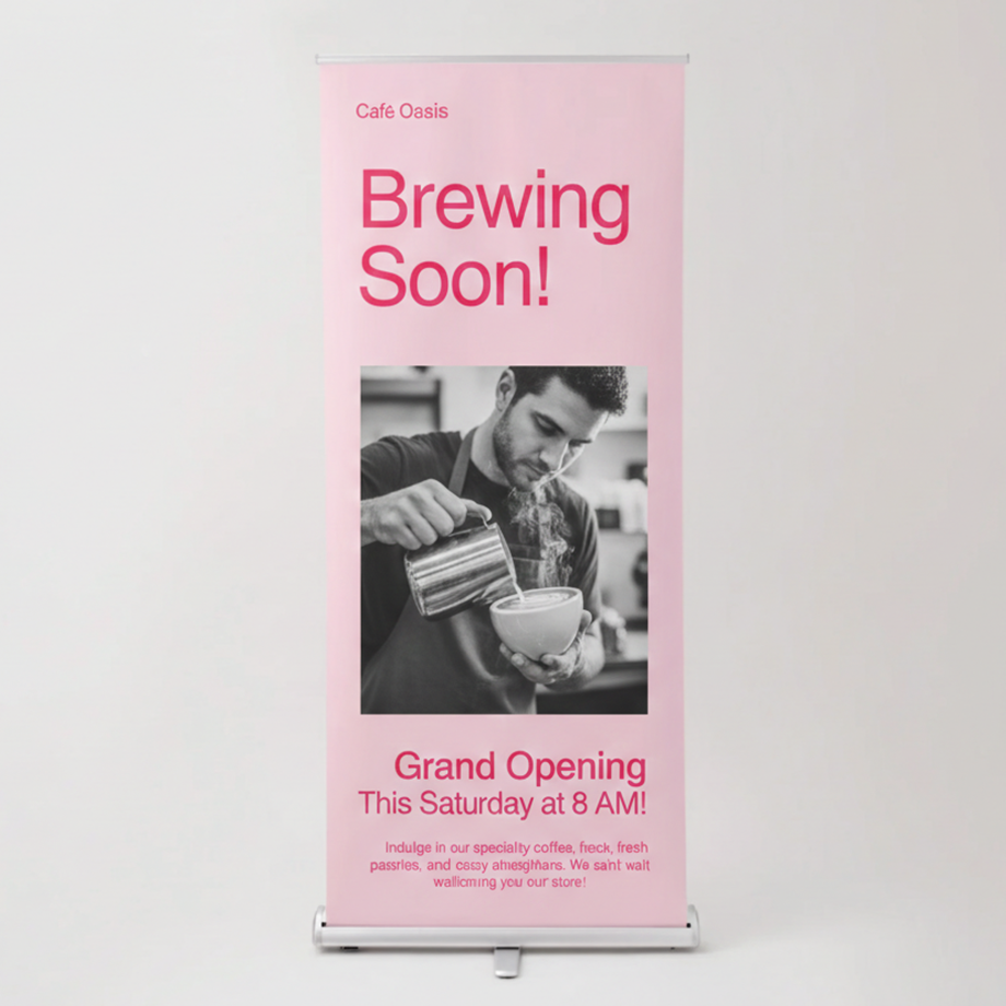 Promotional banner for Cafe Oasis with text 'Brewing Soon!' and 'Grand Opening This Saturday at 8 AM!'.