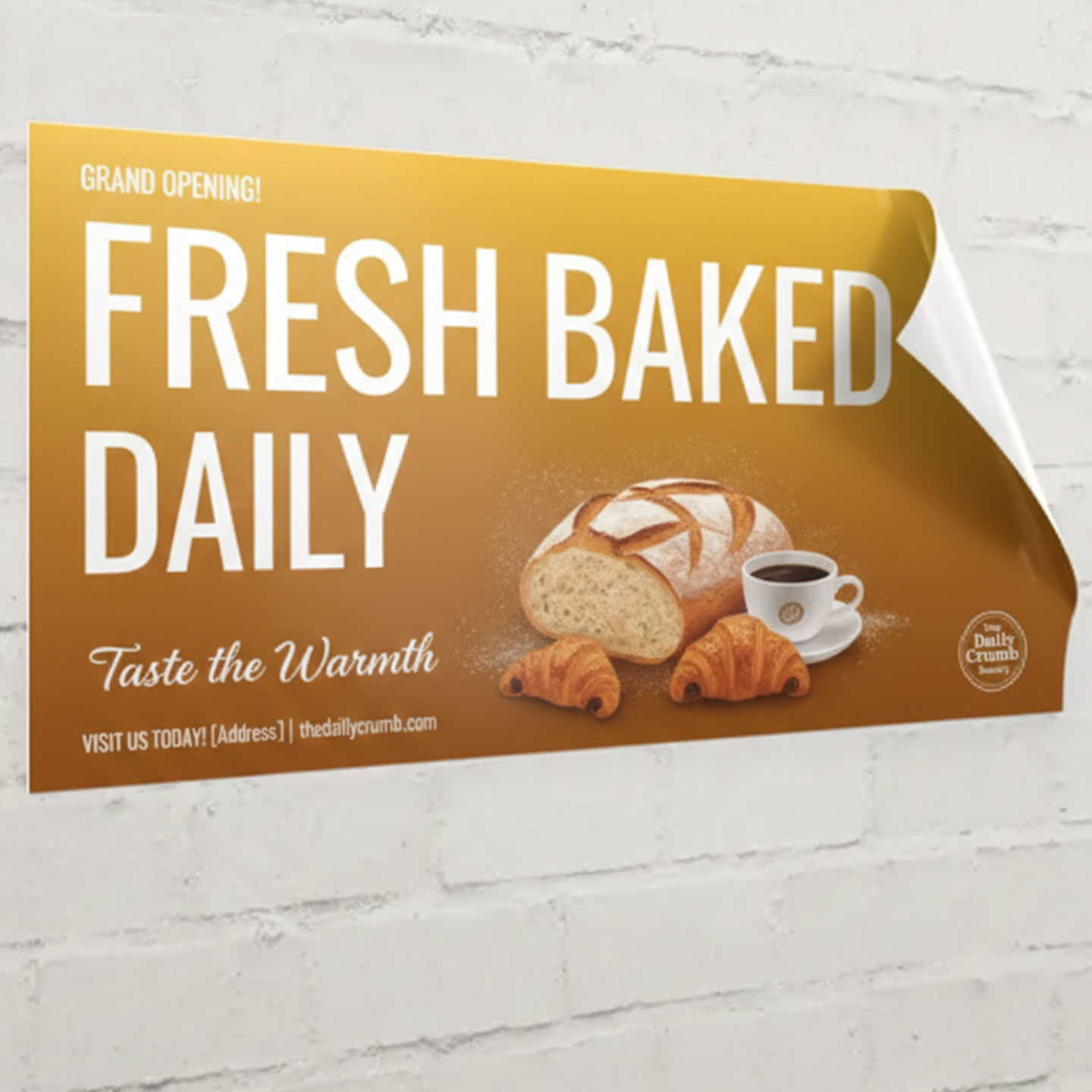 Promotional sign for a bakery with bread and coffee graphics on a white background
