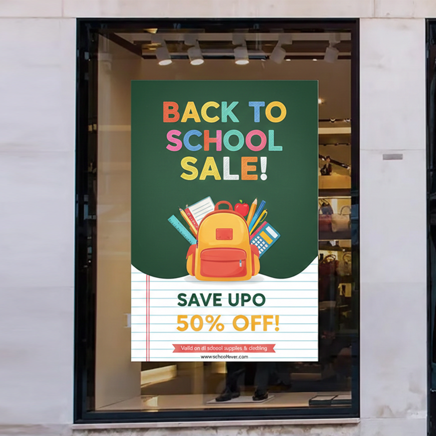 Store window display with a 'Back to School Sale' poster featuring a backpack and stationery items.