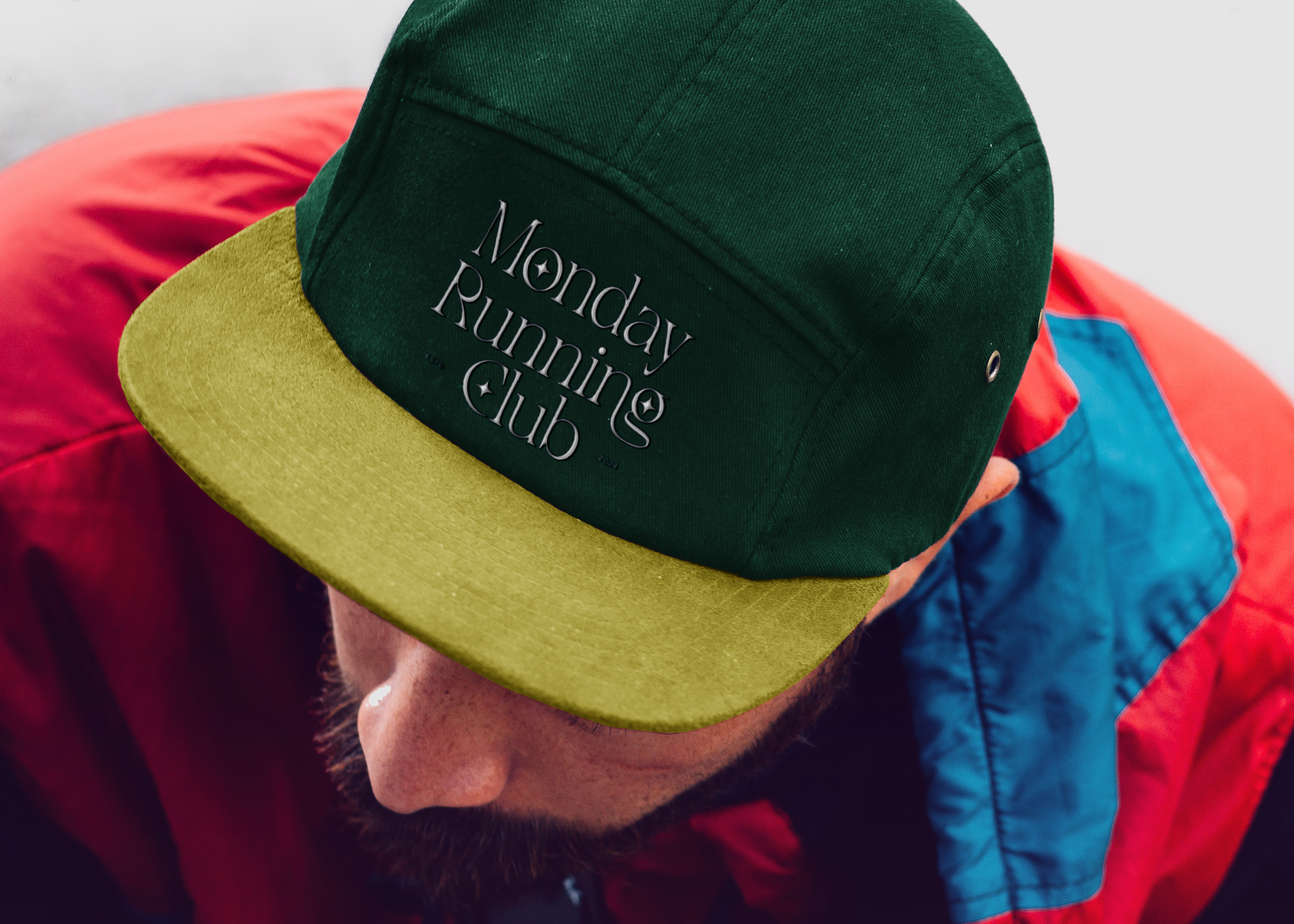 Custom caps embroidery logo on green flat brim cap mockup