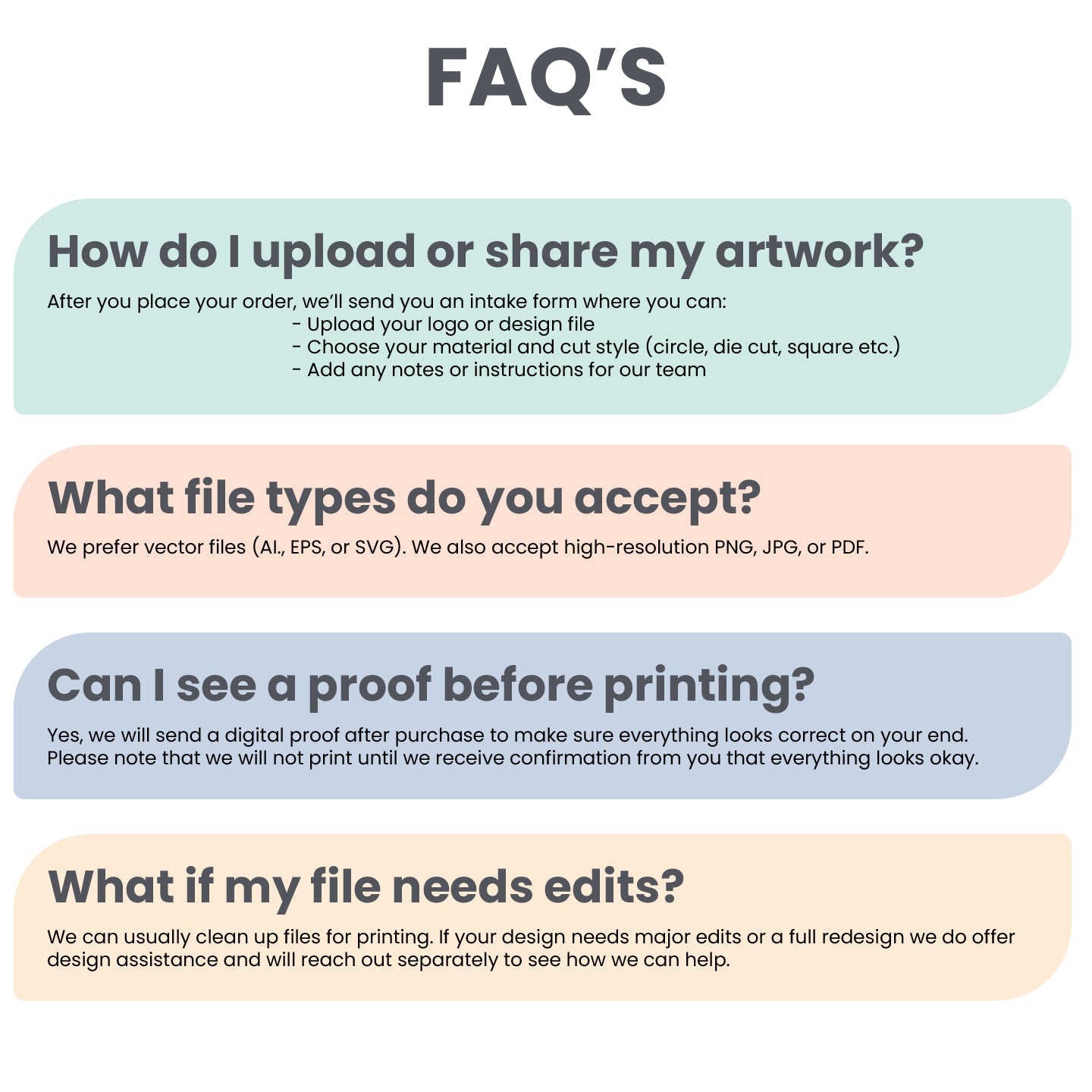 FAQs section with questions and answers about uploading and sharing artwork.