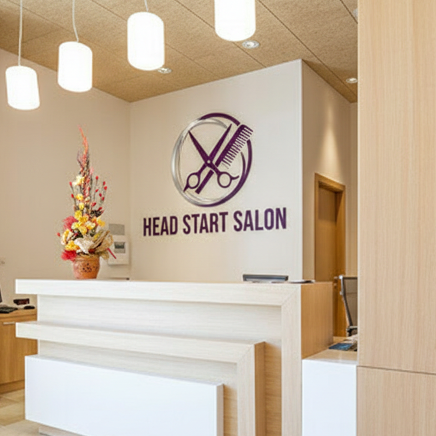 Salon reception area with 'Head Start Salon' logo on the wall.