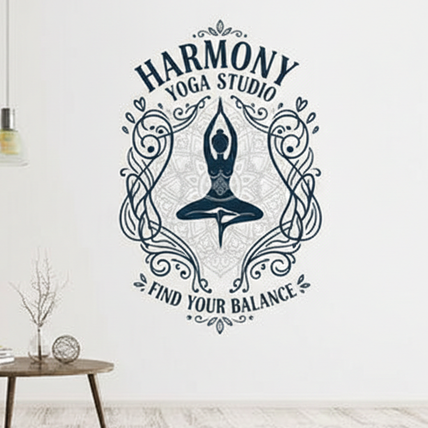 Yoga studio logo with a person in a yoga pose on a white wall.