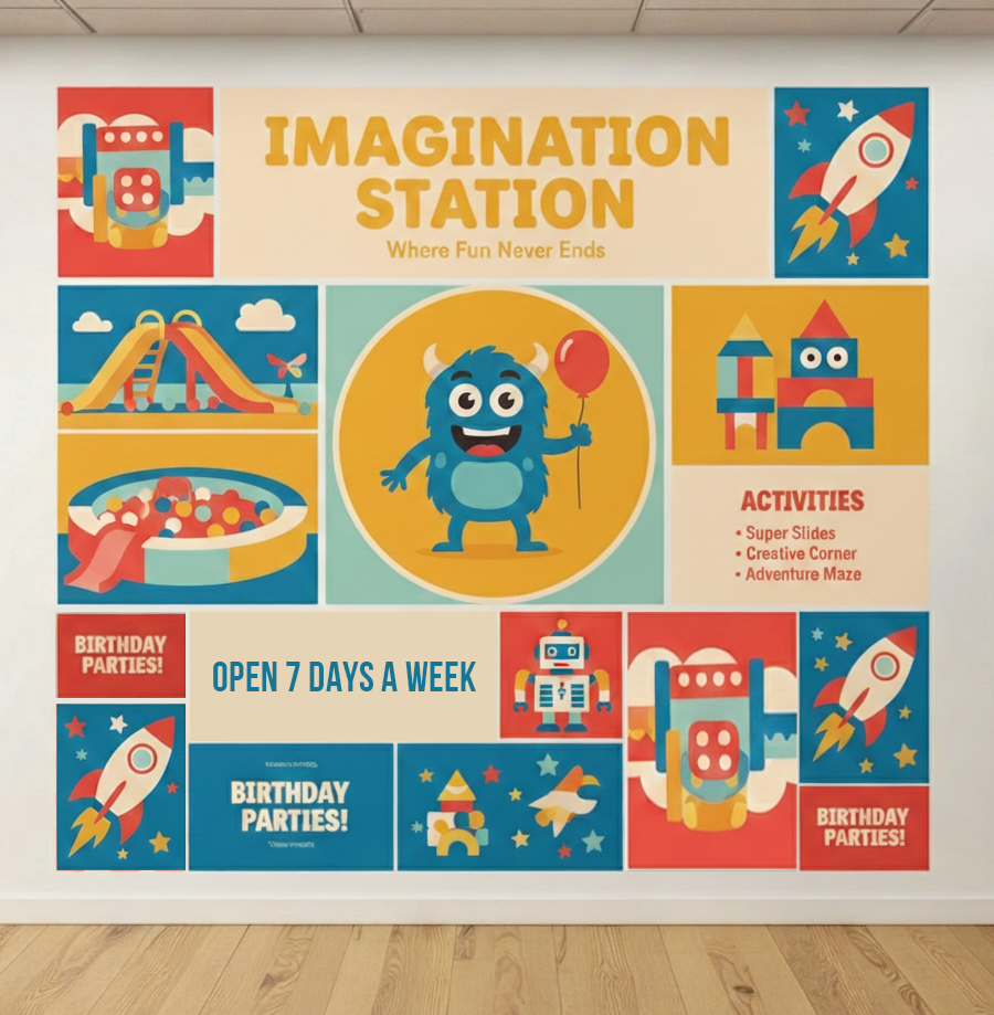 Children's playroom wall with colorful 'Imagination Station' poster featuring cartoon illustrations and text.